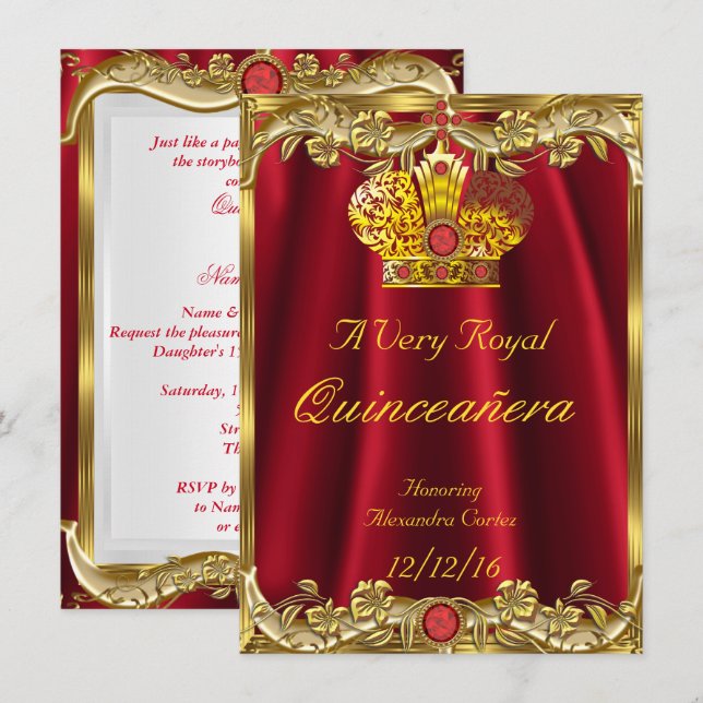 Quinceanera Royal Red Gem Gold Princess Crown 2 Invitation (Front/Back)