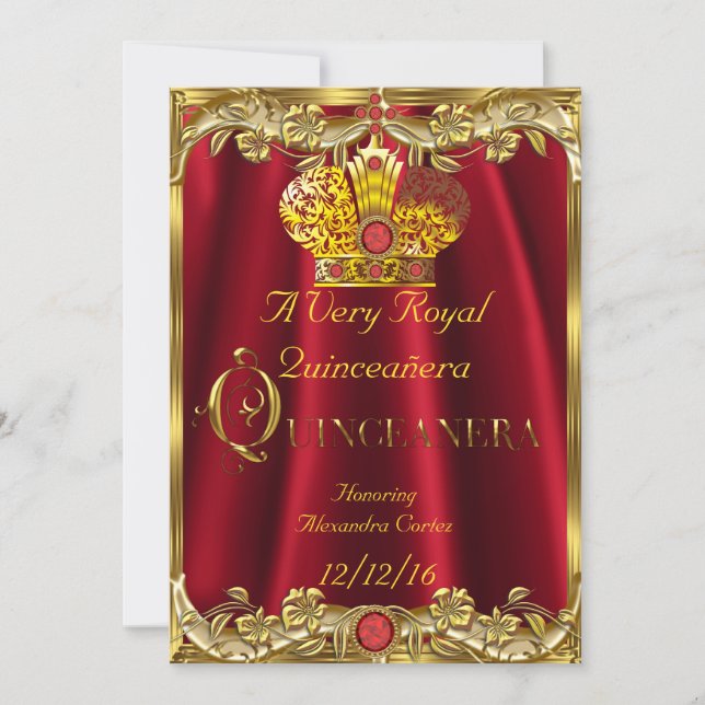 Quinceanera Royal Red Gem Gold Princess Crown Invitation (Front)