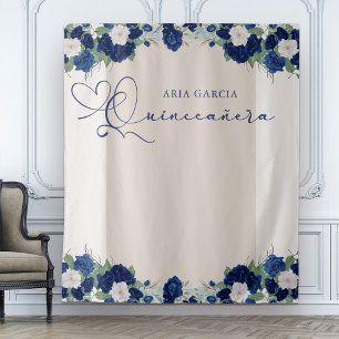 Quinceanera Royal Rose Blue Floral Backdrop Tapestry