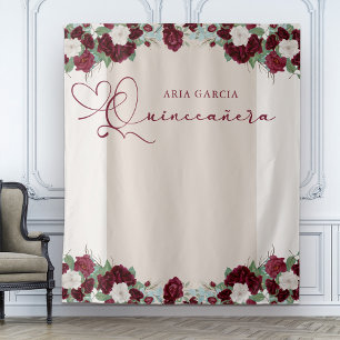 Quinceanera Royal Rose Burgundy Red Floral Tapestry