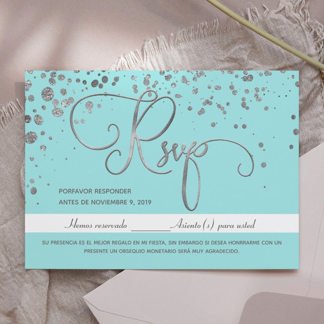 Quinceanera RSVP Blue Silver Spanish Response card (Creator Uploaded)