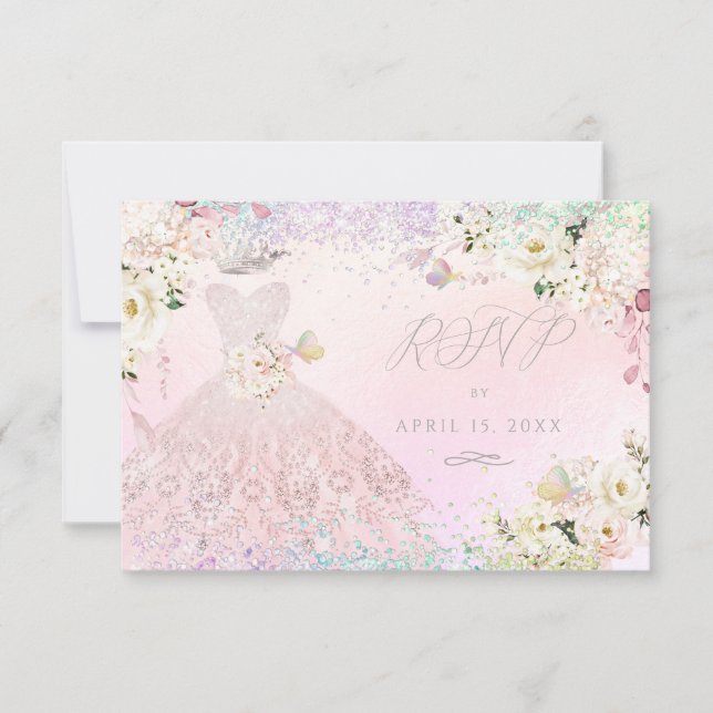 Quinceanera RSVP Blush Pink Gown Holographic Dream Invitation (Front)