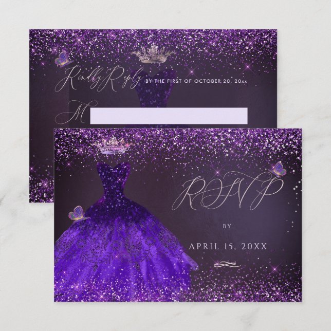 Quinceanera RSVP Butterfly Ultra Violet Gown Invitation (Front/Back)