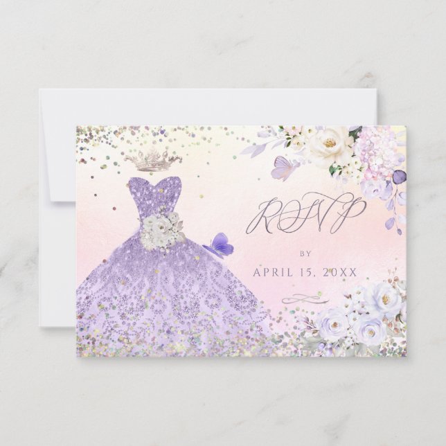 Quinceanera RSVP Dusty Purple Glitter Gown Invitation (Front)