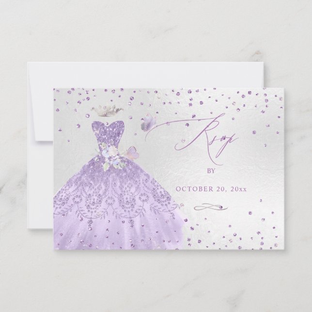 Quinceanera RSVP Dusty Purple Glitter Gown Invitation (Front)