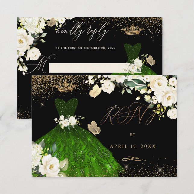 Quinceanera RSVP Emerald Green Glitter Gown  Invitation (Front/Back)