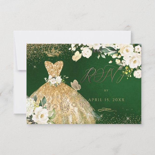Quinceanera RSVP Emerald Green Gold Glitter Gown Invitation (Front)