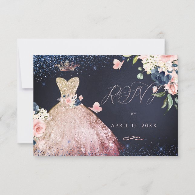 Quinceanera RSVP Glitter Gown Ombre Rose Gold Invitation (Front)