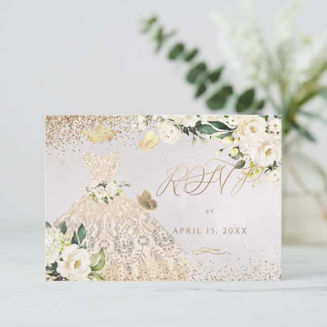 Quinceanera RSVP Gold Glitter Gown Invitation (Standing Front)