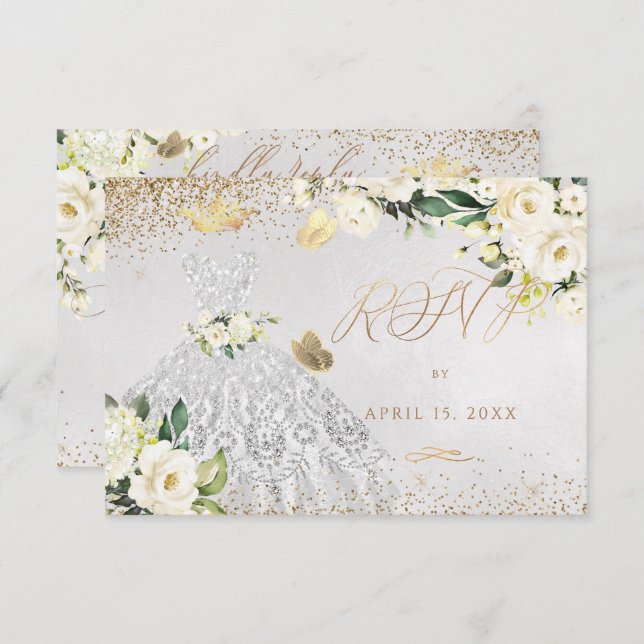 Quinceanera RSVP Silver Glitter Gown Invitation (Front/Back)