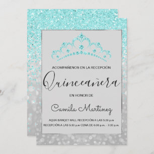 Quinceanera RSVP Teal Blue Girly Glitter Sparkle Invitation