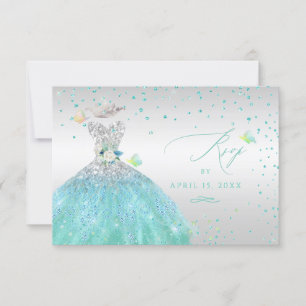 Quinceanera RSVP Turquoise Silver Glitter Gown Inv Invitation