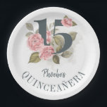 Quinceanera Rustic 15th Birthday Floral Paper Plate<br><div class="desc">Cute modern yet elegant Quinceañera Mis Quince Anos birthday party supplies. Featuring a rustic floral olive green and pink colours design and template that can be easily edited and the text replaced with your own details by clicking the "Personalise" button. For further customisation, please click the "Customise Further" link and...</div>
