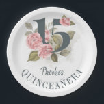 Quinceanera Rustic 15th Birthday Floral Paper Plate<br><div class="desc">Cute modern yet elegant Quinceañera Mis Quince Anos birthday party supplies. Featuring a rustic floral olive green and pink colours design and template that can be easily edited and the text replaced with your own details by clicking the "Personalise" button. For further customisation, please click the "Customise Further" link and...</div>