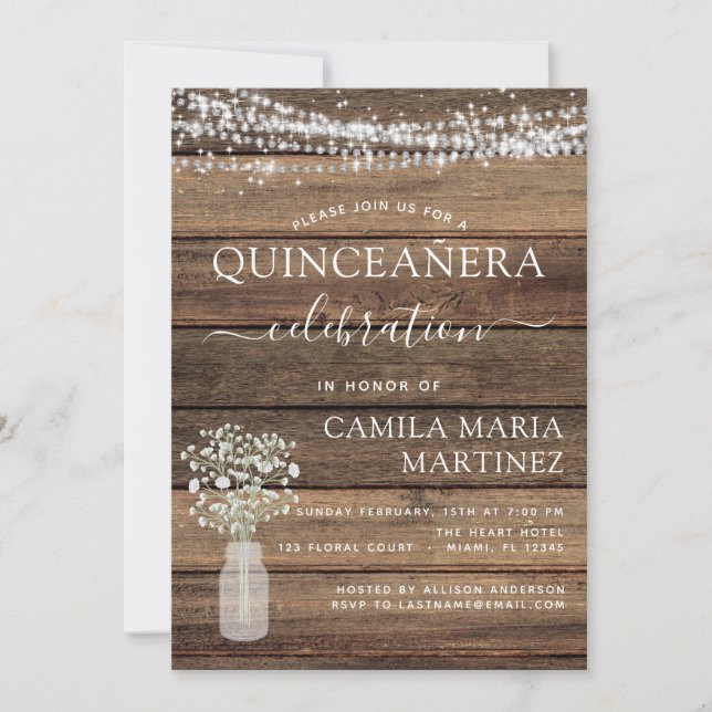 Quinceanera Rustic Baby's Breath Farmhouse Lights Invitation (Front)