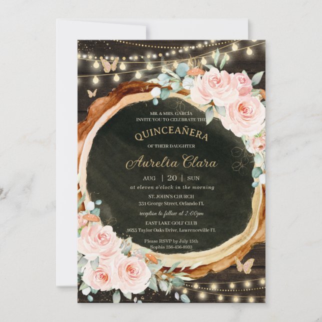 Quinceañera Rustic Blush Floral Enchanted Forest Invitation (Front)