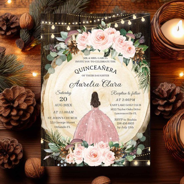 Quinceanera Rustic Blush Floral Enchanted Forest Invitation (quinceanera enchanted forest wood slice blush floral fairy lights pines girl rose gold dress invites)