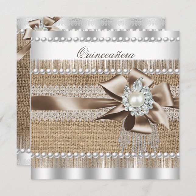 Quinceanera Rustic Burlap Pearl Lace Pearl Invitation (Front/Back)