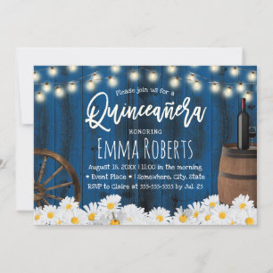 Quinceanera Rustic Daisy Flowers Barrel Navy Blue Invitation