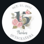 Quinceanera Rustic Floral 15th Birthday Classic Round Sticker<br><div class="desc">Cute modern yet elegant Quinceañera Mis Quince Anos birthday party stickers. Featuring a rustic floral olive green and pink colours design and template that can be easily edited and the text replaced with your own details by clicking the "Personalise" button. For further customisation, please click the "Customise Further" link and...</div>