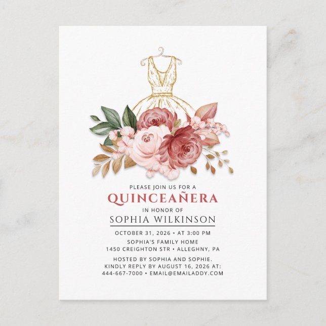 Quinceanera Rustic Floral Faux Gold Dress 15th Invitation Postcard (Front)