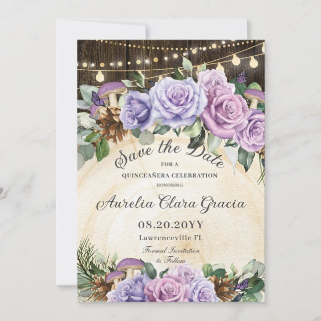 Quinceañera Rustic Purple Floral Enchanted Forest Save The Date (Front)