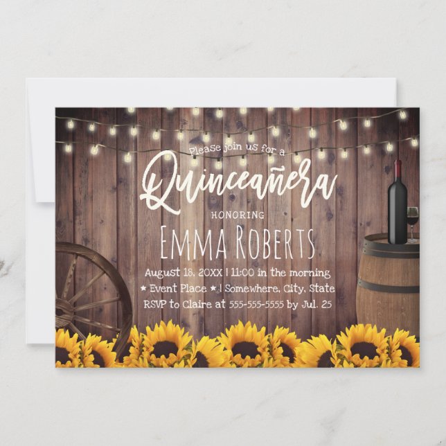 Quinceanera Rustic Sunflowers Wood Barrel Birthday Invitation (Front)
