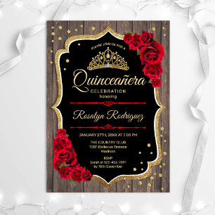 Quinceanera - Rustic Wood Gold Red Invitation
