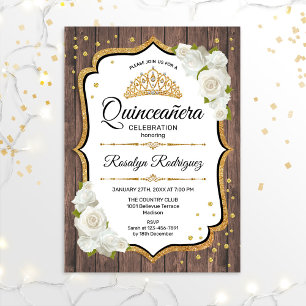 Quinceanera - Rustic Wood White Gold Invitation