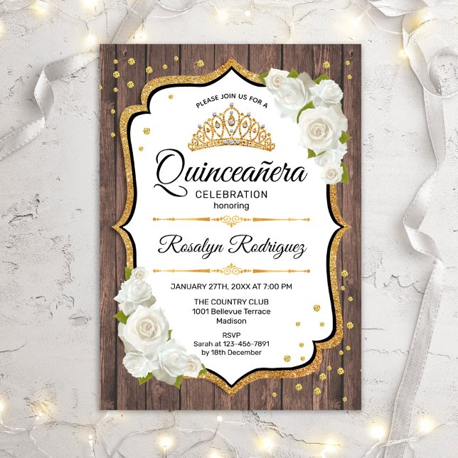Quinceanera - Rustic Wood White Roses Invitation (Creator Uploaded)