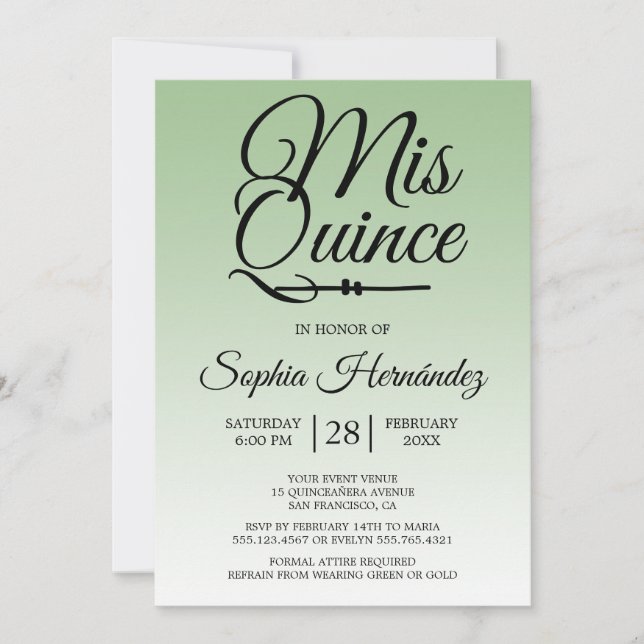 Quinceañera Sage Green 15th Birthday  Invitation (Front)