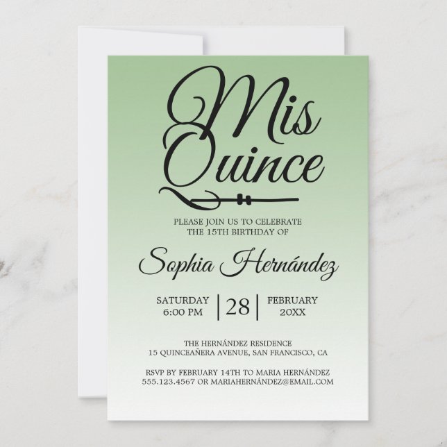 Quinceañera Sage Green 15th Birthday  Invitation (Front)