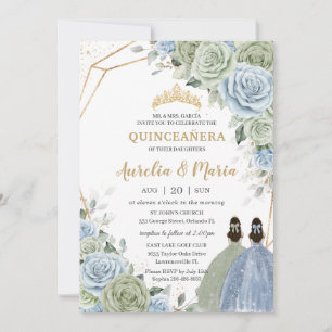 Quinceañera Sage Green Baby Blue Floral Twins Gold Invitation