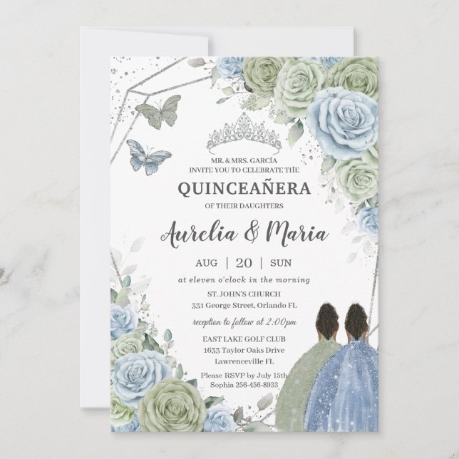 Quinceañera Sage Green Blue Floral Twins Silver Invitation (Front)