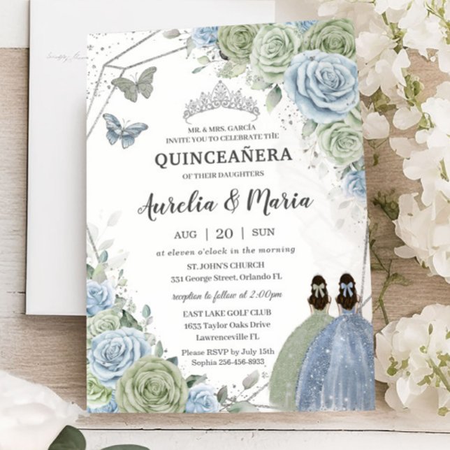 Quinceañera Sage Green Blue Floral Twins Silver Invitation (Creator Uploaded)