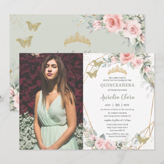 Quinceañera Sage Green Butterflies Pink Floral Invitation (Front/Back)