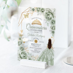 Quinceanera Sage Green Dress Floral Gold Acrylic Invitations