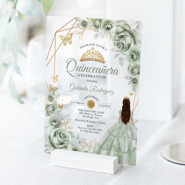Quinceanera Sage Green Dress Floral Gold Acrylic Invitations (Creator Uploaded)