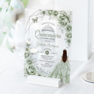 Quinceanera Sage Green Dress Floral Silver Acrylic Invitations