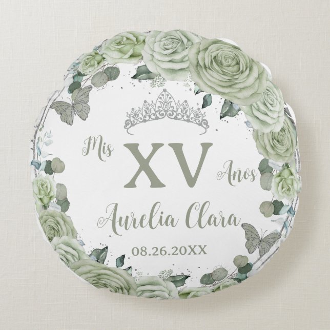 Quinceañera Sage Green Floral Butterflies Dress  Round Cushion (Front)