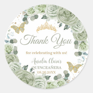 Quinceañera Sage Green Floral Butterflies Gold Classic Round Sticker