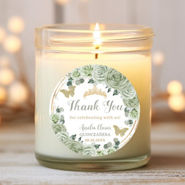 Quinceañera Sage Green Floral Gold Butterflies Classic Round Sticker (Creator Uploaded)