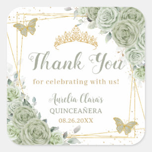 Quinceañera Sage Green Floral Gold Butterflies Square Sticker
