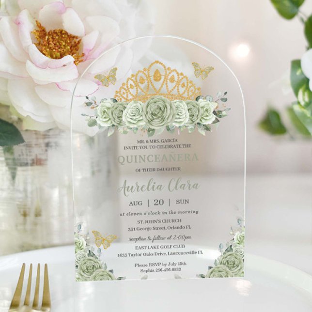 Quinceañera Sage Green Floral Gold Crown Butterfly Acrylic Invitations (Creator Uploaded)