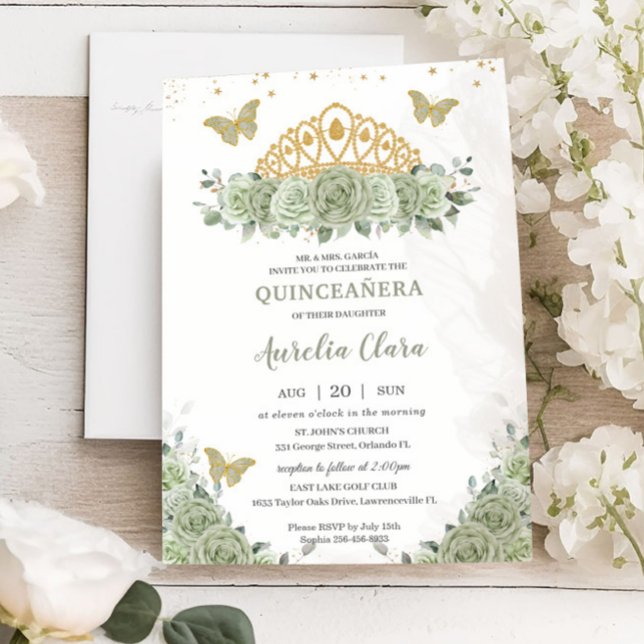 Quinceañera Sage Green Floral Gold Crown Butterfly Invitation (Creator Uploaded)