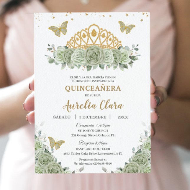 Quinceañera Sage Green Floral Gold Crown Español Invitation (Creator Uploaded)