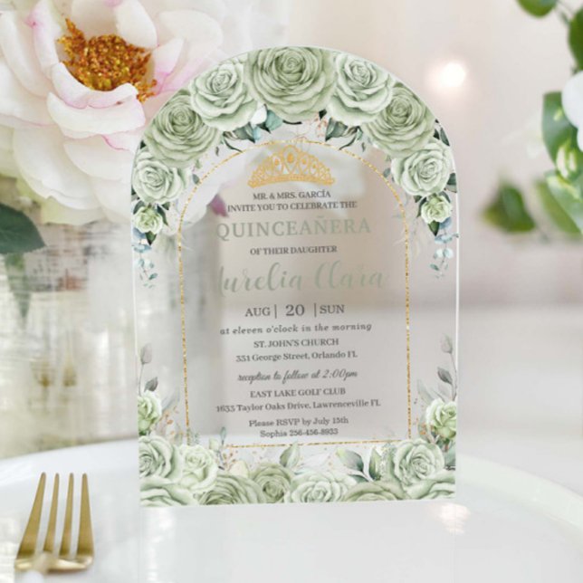 Quinceanera Sage Green Floral Modern Gold Arch Acrylic Invitations (beautiful sage green roses floral quinceanera sweet 16 birthday arch acrylic invitation card)