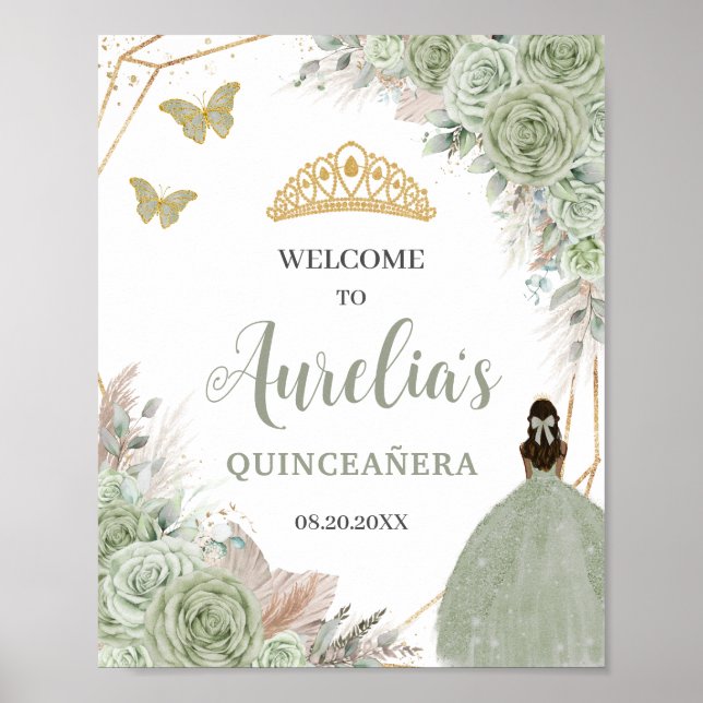 Quinceañera Sage Green Floral Pampas Grass Welcome Poster (Front)