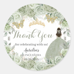 Quinceañera Sage Green Floral Princess Butterflies Classic Round Sticker