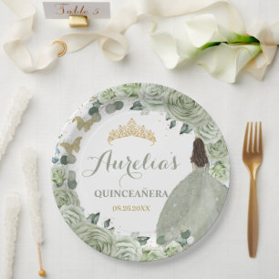 Quinceañera Sage Green Floral Princess Butterflies Paper Plate